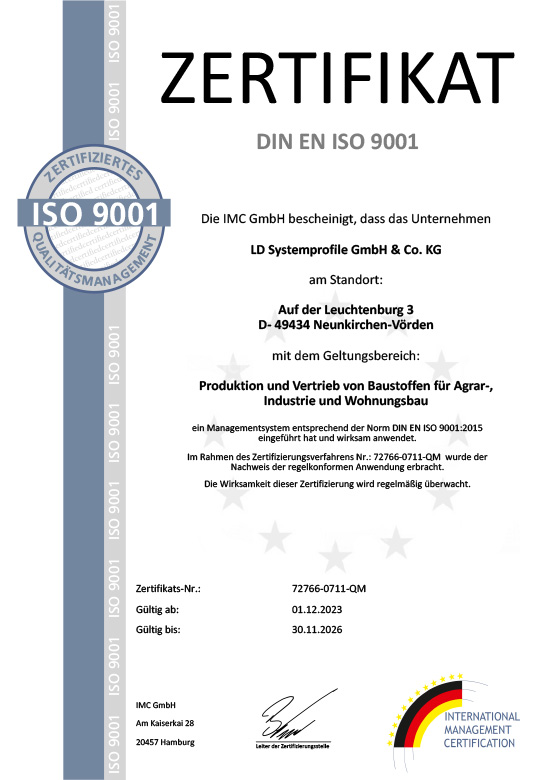 LD Systemprofile - Zertifikat Produktion und Vertrieb von Baustoffen für Agrar-, Industrie und Wohnungsbau